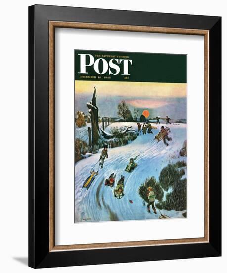 "Sledding by Sunset," Saturday Evening Post Cover, December 18, 1948-John Falter-Framed Giclee Print