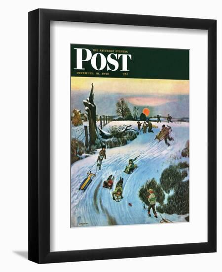 "Sledding by Sunset," Saturday Evening Post Cover, December 18, 1948-John Falter-Framed Giclee Print