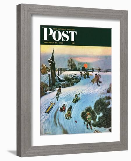 "Sledding by Sunset," Saturday Evening Post Cover, December 18, 1948-John Falter-Framed Giclee Print