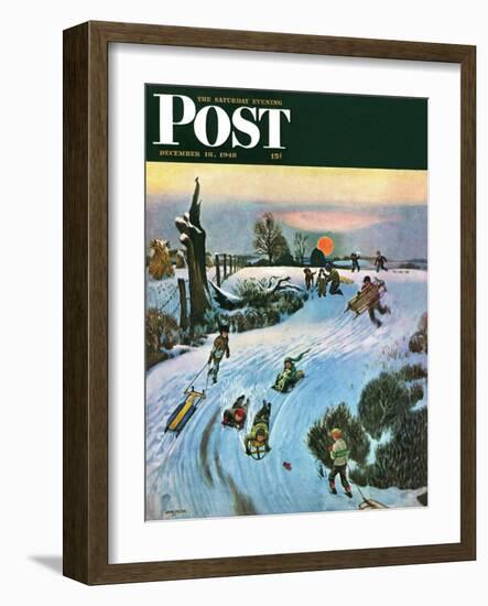 "Sledding by Sunset," Saturday Evening Post Cover, December 18, 1948-John Falter-Framed Giclee Print