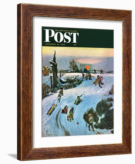 "Sledding by Sunset," Saturday Evening Post Cover, December 18, 1948-John Falter-Framed Giclee Print