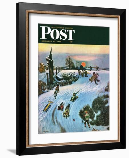 "Sledding by Sunset," Saturday Evening Post Cover, December 18, 1948-John Falter-Framed Giclee Print