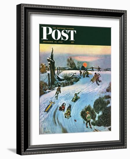 "Sledding by Sunset," Saturday Evening Post Cover, December 18, 1948-John Falter-Framed Giclee Print