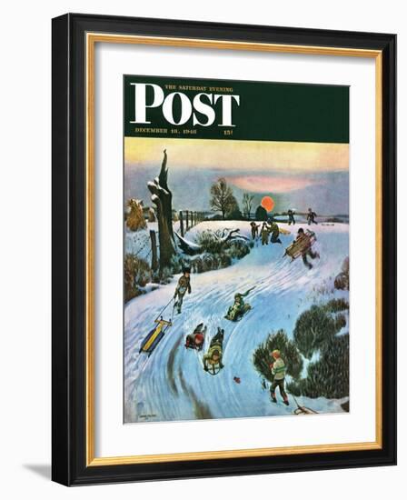 "Sledding by Sunset," Saturday Evening Post Cover, December 18, 1948-John Falter-Framed Giclee Print