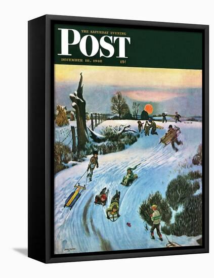 "Sledding by Sunset," Saturday Evening Post Cover, December 18, 1948-John Falter-Framed Premier Image Canvas
