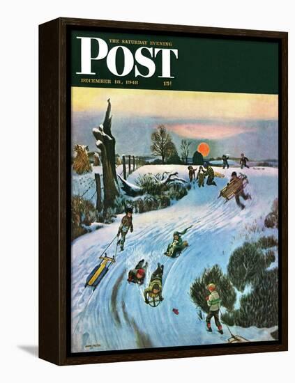 "Sledding by Sunset," Saturday Evening Post Cover, December 18, 1948-John Falter-Framed Premier Image Canvas