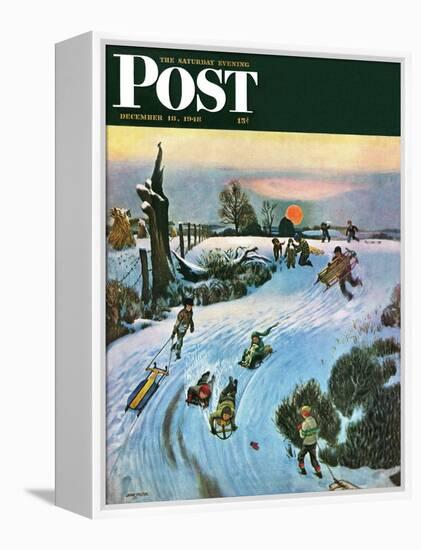 "Sledding by Sunset," Saturday Evening Post Cover, December 18, 1948-John Falter-Framed Premier Image Canvas