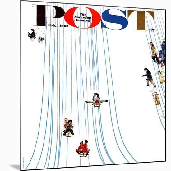 "Sledding Designs in the Snow," Saturday Evening Post Cover, February 3, 1962-John Falter-Mounted Giclee Print