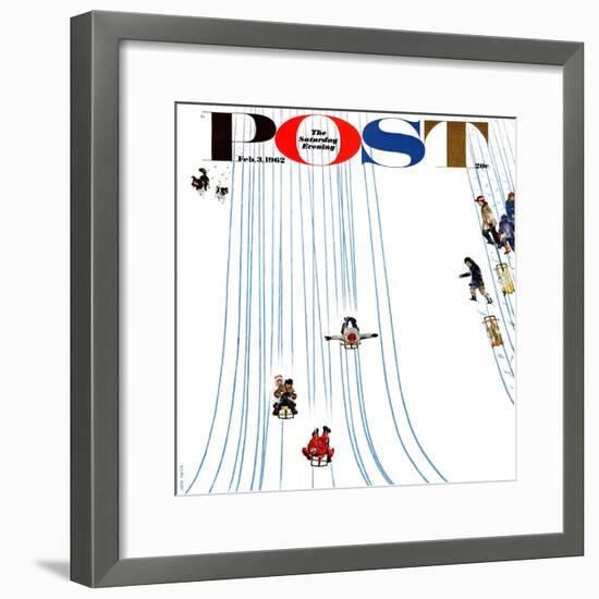 "Sledding Designs in the Snow," Saturday Evening Post Cover, February 3, 1962-John Falter-Framed Giclee Print