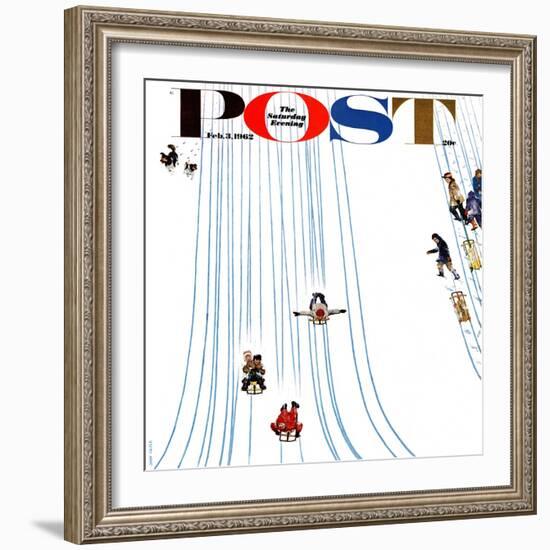 "Sledding Designs in the Snow," Saturday Evening Post Cover, February 3, 1962-John Falter-Framed Giclee Print