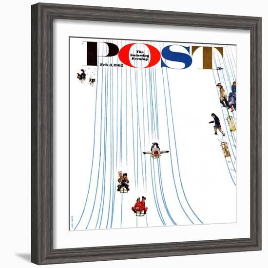 "Sledding Designs in the Snow," Saturday Evening Post Cover, February 3, 1962-John Falter-Framed Giclee Print