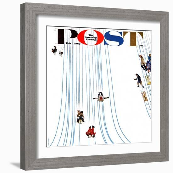 "Sledding Designs in the Snow," Saturday Evening Post Cover, February 3, 1962-John Falter-Framed Giclee Print