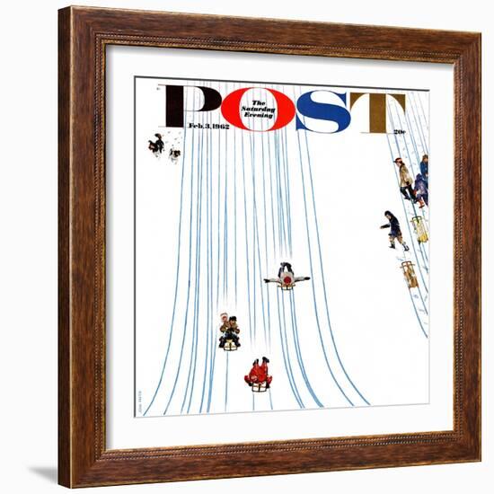 "Sledding Designs in the Snow," Saturday Evening Post Cover, February 3, 1962-John Falter-Framed Giclee Print