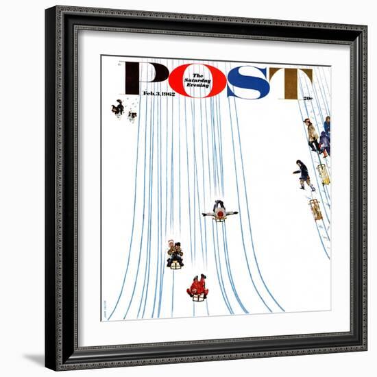 "Sledding Designs in the Snow," Saturday Evening Post Cover, February 3, 1962-John Falter-Framed Giclee Print