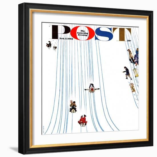 "Sledding Designs in the Snow," Saturday Evening Post Cover, February 3, 1962-John Falter-Framed Giclee Print