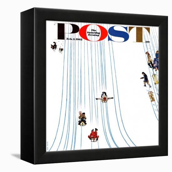 "Sledding Designs in the Snow," Saturday Evening Post Cover, February 3, 1962-John Falter-Framed Premier Image Canvas