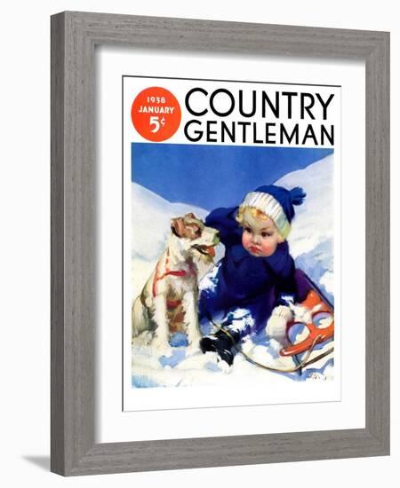 "Sledding Wipeout," Country Gentleman Cover, January 1, 1938-Tom Webb-Framed Giclee Print