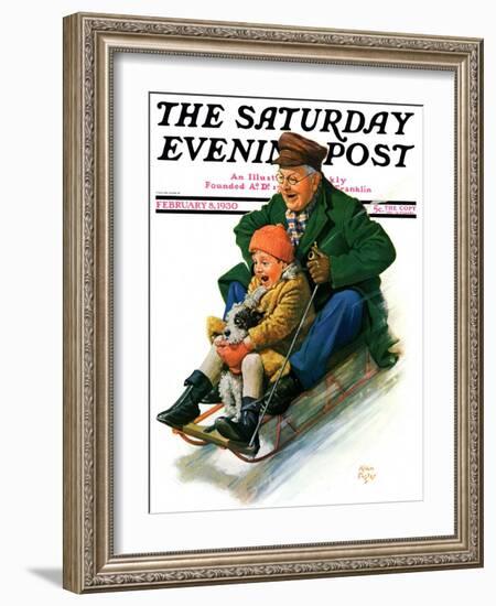 "Sledding with Grandpa," Saturday Evening Post Cover, February 8, 1930-Alan Foster-Framed Giclee Print