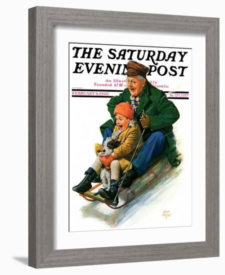 "Sledding with Grandpa," Saturday Evening Post Cover, February 8, 1930-Alan Foster-Framed Giclee Print