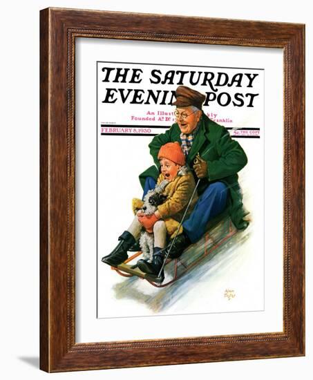 "Sledding with Grandpa," Saturday Evening Post Cover, February 8, 1930-Alan Foster-Framed Giclee Print