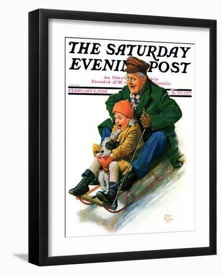 "Sledding with Grandpa," Saturday Evening Post Cover, February 8, 1930-Alan Foster-Framed Giclee Print