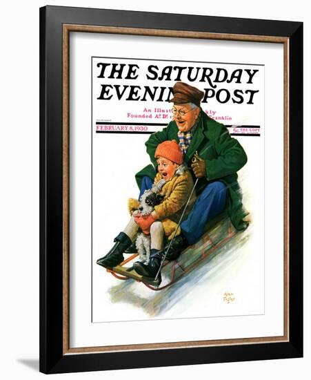 "Sledding with Grandpa," Saturday Evening Post Cover, February 8, 1930-Alan Foster-Framed Giclee Print