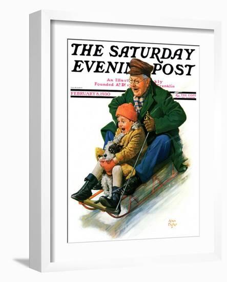 "Sledding with Grandpa," Saturday Evening Post Cover, February 8, 1930-Alan Foster-Framed Giclee Print