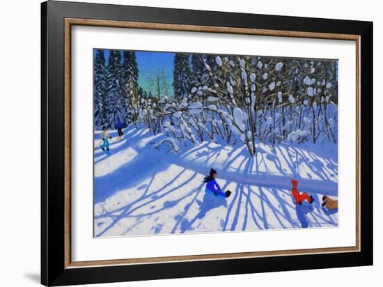 Sledging and Skiing Down the Trail, Morzine-Andrew Macara-Framed Giclee Print