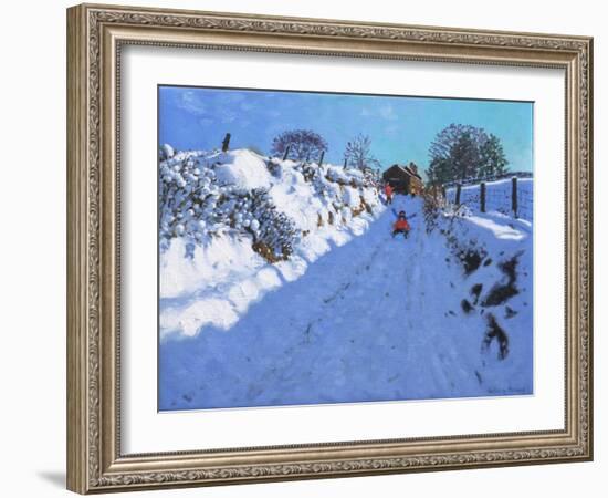 Sledging, near Oakerthorpe Rd, Wirksworth, 2021 (oil on canvas)-Andrew Macara-Framed Giclee Print
