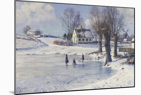 Sledging on a Frozen Pond-Peder Mork Monsted-Mounted Giclee Print