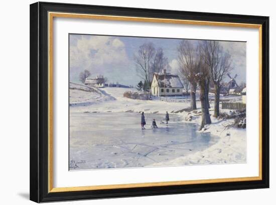 Sledging on a Frozen Pond-Peder Mork Monsted-Framed Giclee Print