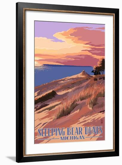 Sleeping Bear Dunes, Michigan - Dunes Sunset and Bear-Lantern Press-Framed Art Print