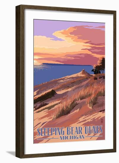 Sleeping Bear Dunes, Michigan - Dunes Sunset and Bear-Lantern Press-Framed Art Print