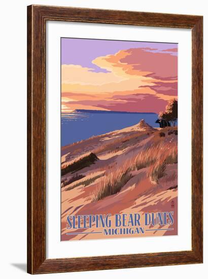 Sleeping Bear Dunes, Michigan - Dunes Sunset and Bear-Lantern Press-Framed Art Print