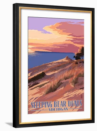 Sleeping Bear Dunes, Michigan - Dunes Sunset and Bear-Lantern Press-Framed Art Print