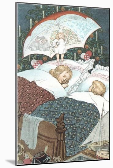 Sleeping Children with Umbrella-null-Mounted Art Print