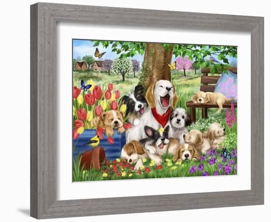 Sleepy Dogs in Garden-MAKIKO-Framed Giclee Print