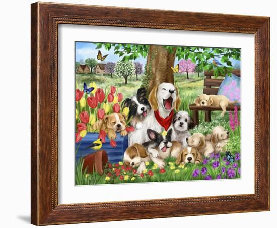 Sleepy Dogs in Garden-MAKIKO-Framed Giclee Print