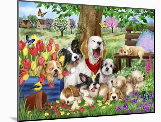 Sleepy Dogs in Garden-MAKIKO-Mounted Giclee Print