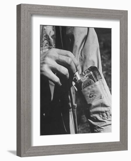 Sleeve Pocket with Pack of Lucky Strike Cigarettes in Fishing Jacket From Mail Order Co. L. L. Bean-George Strock-Framed Photographic Print