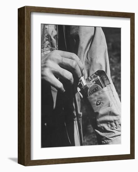 Sleeve Pocket with Pack of Lucky Strike Cigarettes in Fishing Jacket From Mail Order Co. L. L. Bean-George Strock-Framed Photographic Print