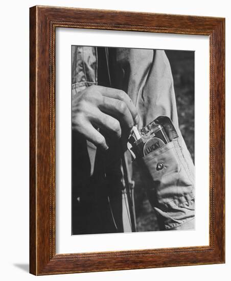 Sleeve Pocket with Pack of Lucky Strike Cigarettes in Fishing Jacket From Mail Order Co. L. L. Bean-George Strock-Framed Photographic Print