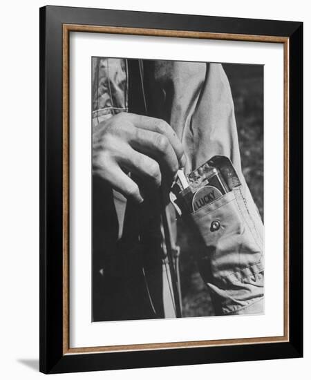 Sleeve Pocket with Pack of Lucky Strike Cigarettes in Fishing Jacket From Mail Order Co. L. L. Bean-George Strock-Framed Photographic Print