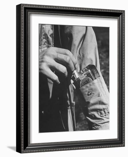 Sleeve Pocket with Pack of Lucky Strike Cigarettes in Fishing Jacket From Mail Order Co. L. L. Bean-George Strock-Framed Photographic Print