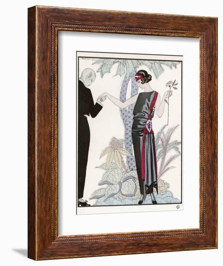 Sleeveless Slash Neck Chinese or Orientally Inspired Black Dress by Worth with Red Tassel Detail-Georges Barbier-Framed Photographic Print