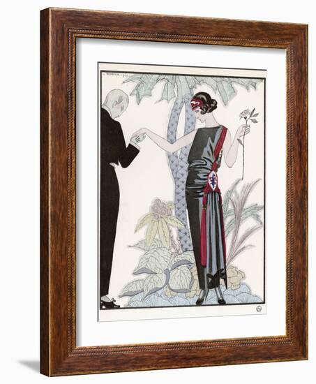 Sleeveless Slash Neck Chinese or Orientally Inspired Black Dress by Worth with Red Tassel Detail-Georges Barbier-Framed Photographic Print