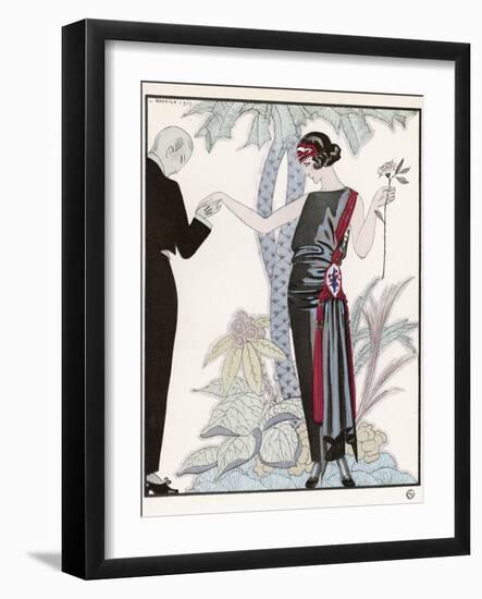 Sleeveless Slash Neck Chinese or Orientally Inspired Black Dress by Worth with Red Tassel Detail-Georges Barbier-Framed Photographic Print