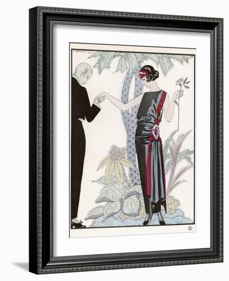 Sleeveless Slash Neck Chinese or Orientally Inspired Black Dress by Worth with Red Tassel Detail-Georges Barbier-Framed Photographic Print