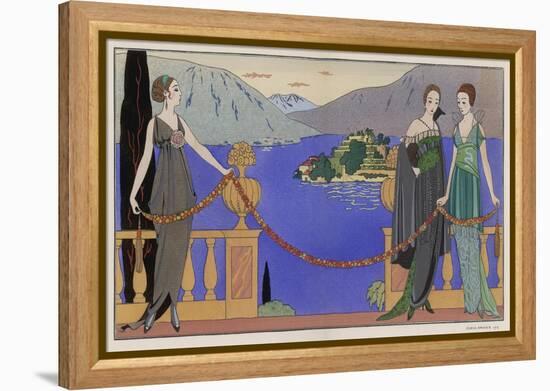 Sleeveless V-Neck High Waisted Dress with Draped and Split Skirt with a Train-Georges Barbier-Framed Stretched Canvas