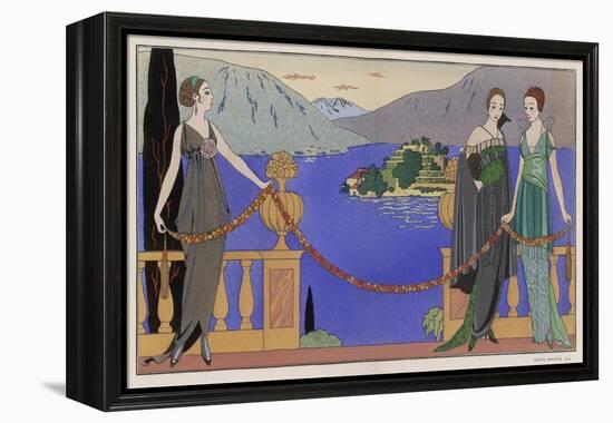 Sleeveless V-Neck High Waisted Dress with Draped and Split Skirt with a Train-Georges Barbier-Framed Stretched Canvas